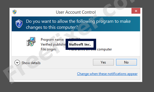 Screenshot where Nullsoft Inc. appears as the verified publisher in the UAC dialog